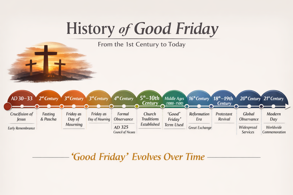 Infographic illustrating the history of Good Friday from the 1st century to the 21st century, showing key events and milestones.